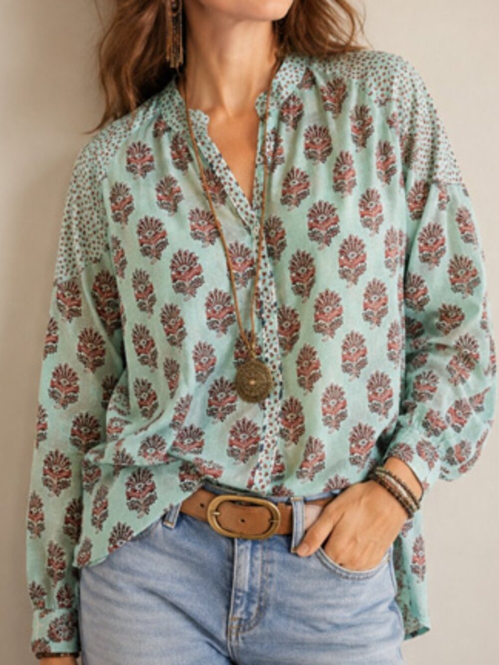 Sundance Floral Print Boho Button Front Blouse